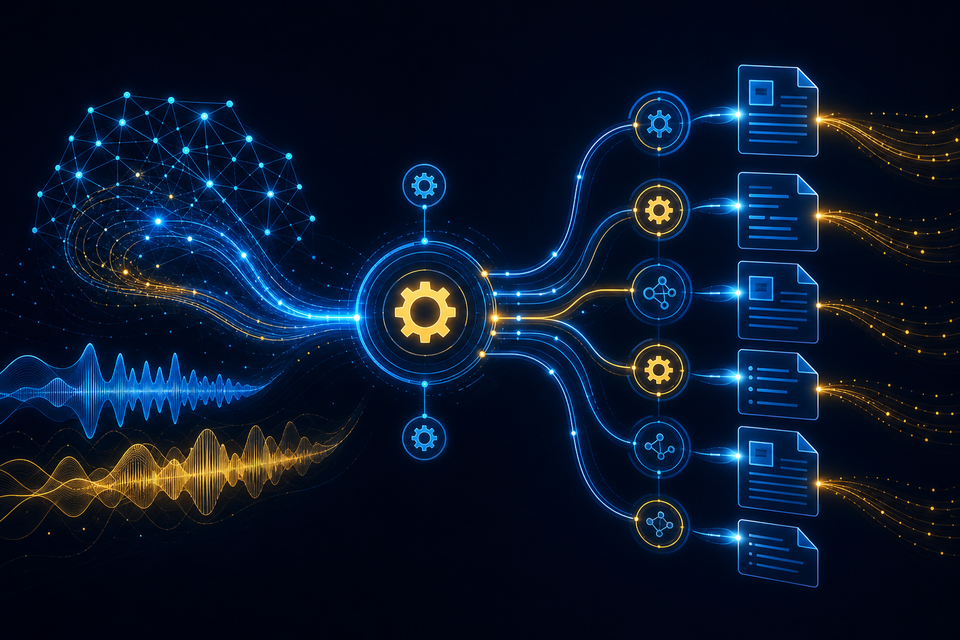 AI automation network with neural nodes, document pipelines, and orchestration flows