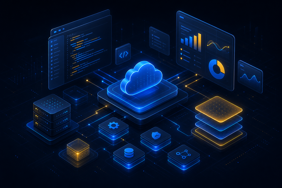 Isometric illustration of a cloud-native software platform with analytics dashboards, code modules, and connected data services