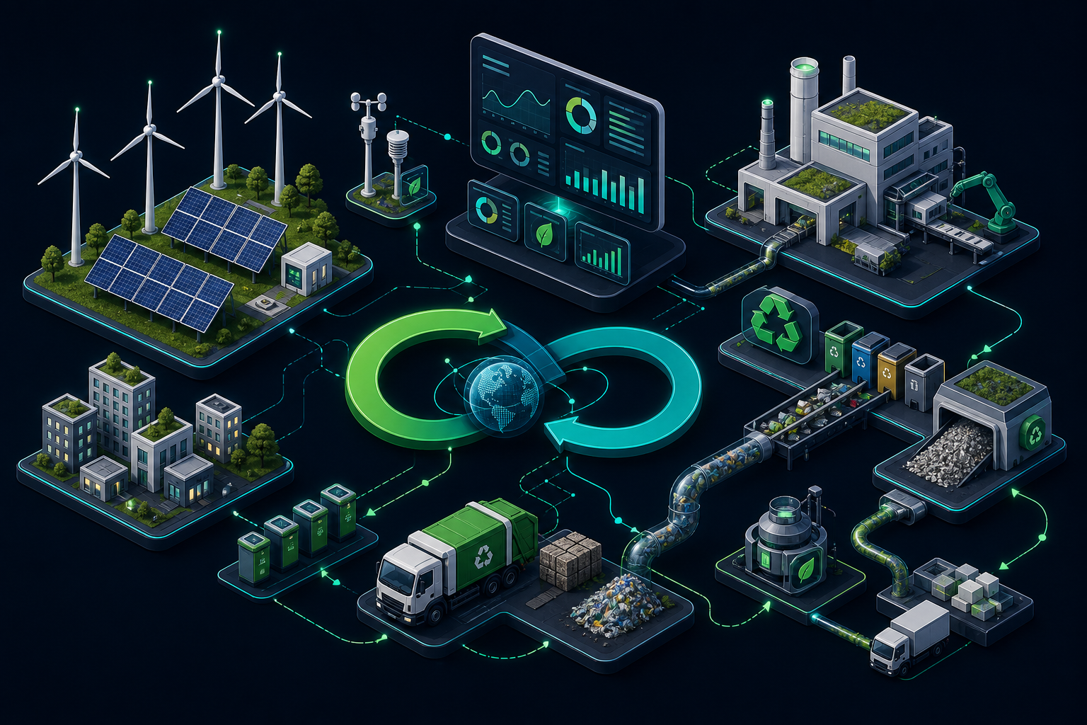 Yenilenebilir enerji, döngüsel ekonomi döngüleri, geri dönüşüm ve malzeme kazanımı, çevresel izleme ve sürdürülebilirlik panolarını gösteren cleantech yazılım illüstrasyonu