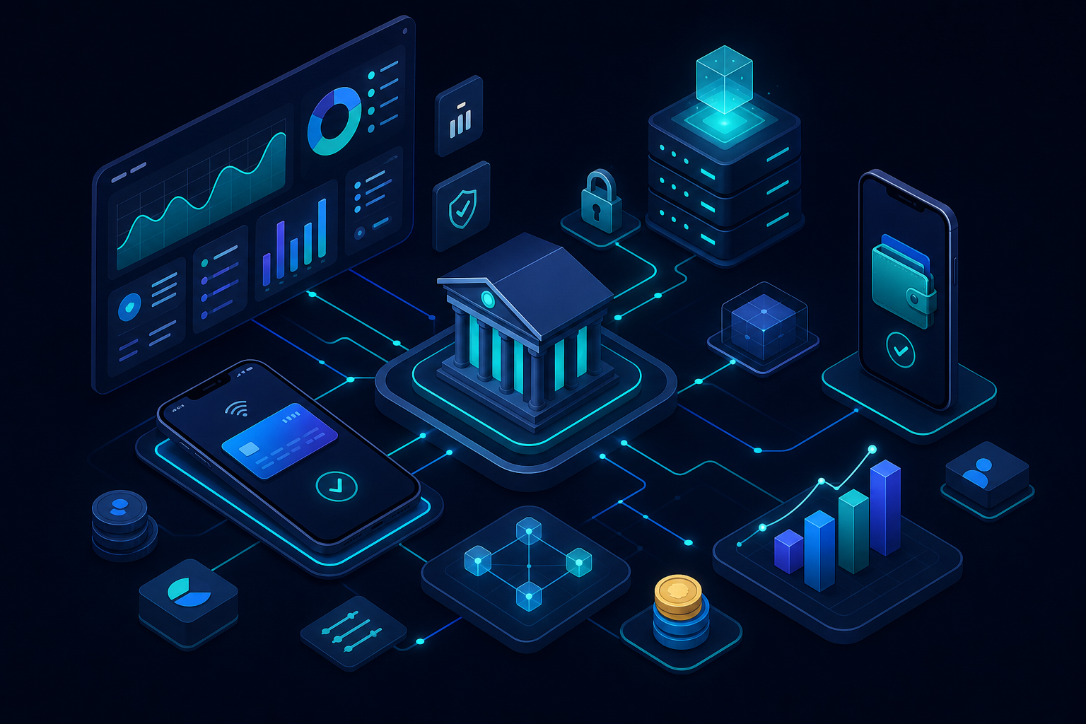 Ödeme akışları, bankacılık panoları ve güvenli işlem ağlarını gösteren fintech yazılım illüstrasyonu