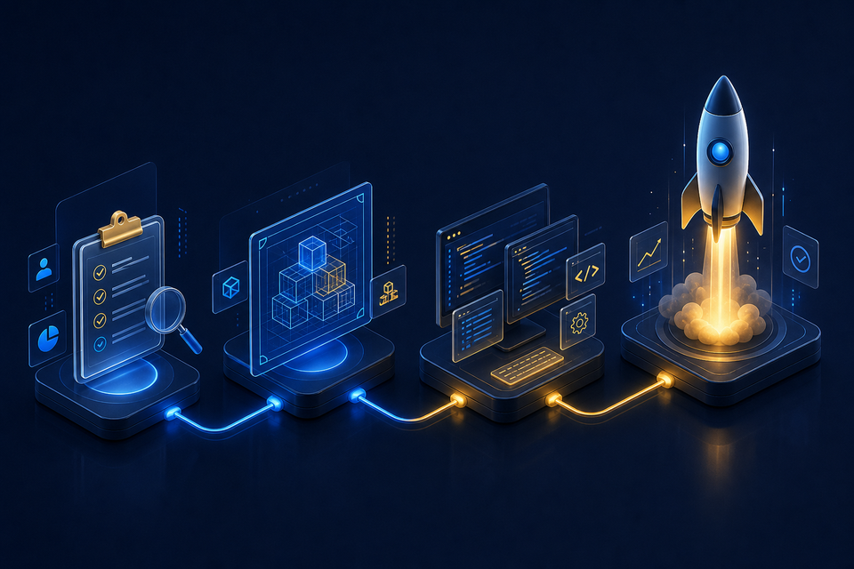 Four-stage software delivery pipeline from discovery and architecture to build and launch