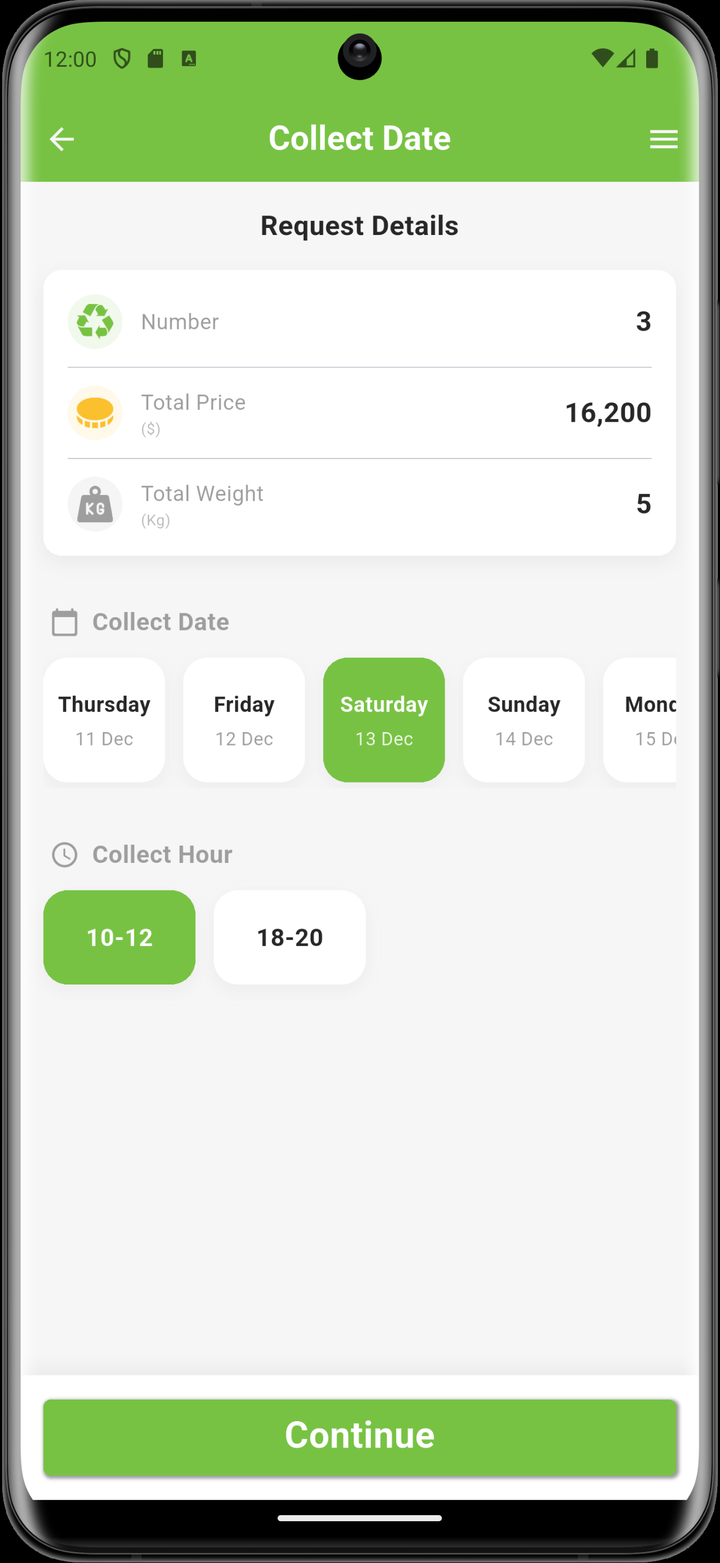 RecycleOrigin collect-date screen for scheduling an automated pickup window