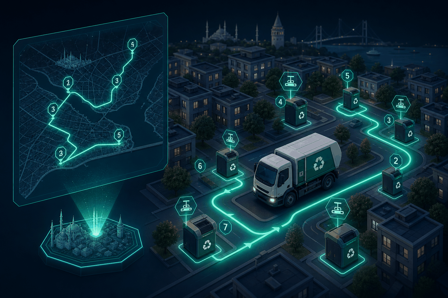 Isometric view of RecycleOrigin driver routing: an optimized collection path through a city of smart bins