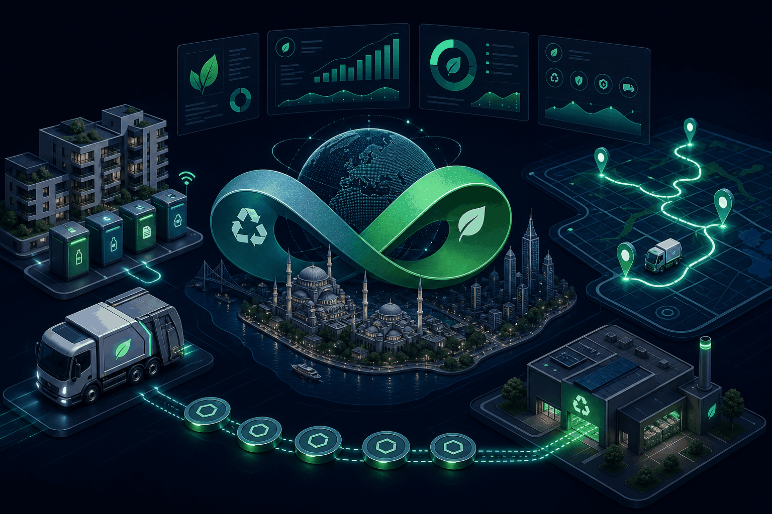 RecycleOrigin circular-economy platform: Istanbul skyline, automated recyclable collection, driver routing, and material tokens